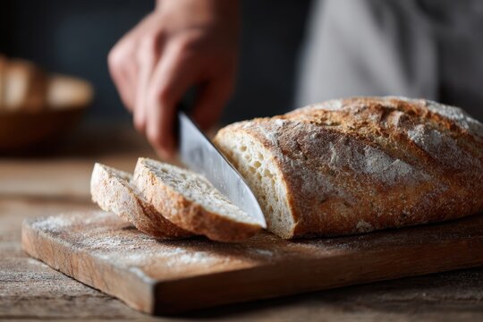 Slicing fresh sourdough bread with knife on cutting board, rustic kitchen scene