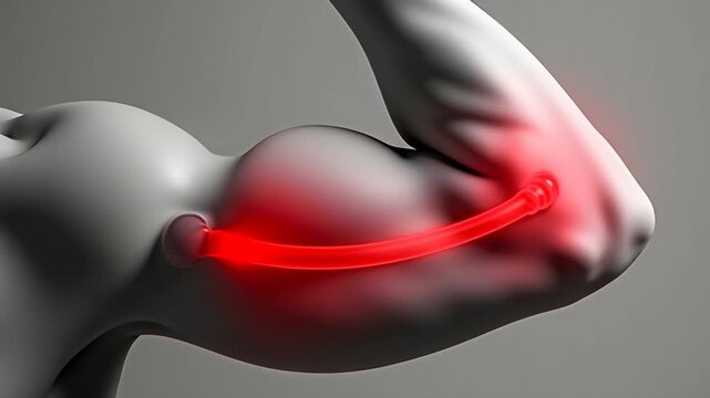 Muscle strain animation - 3D model. Tense muscle fibers highlighted. Realistic CGI rendering on neutral background. Orthopedics, musculoskeletal system. Concept of pain relief and recovery.