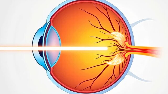 Eye cross-section cutaway - detailed anatomy. Retina vessels branching intricately. Clean vector illustration style. Ophthalmology, visual system. Concept of sight and perception.