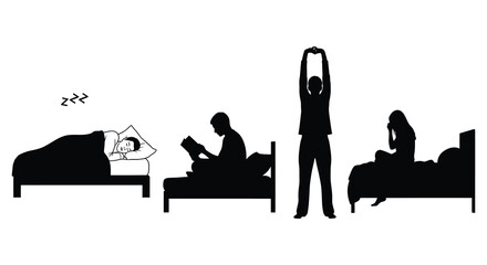 Plakat bedroom scene with people sleeping reading and stretching black silhouette high quality professional detailed modern elegant stylish clean crisp vibrant colorful
