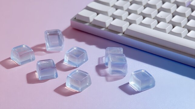 keyboard keycap mockup scattered on neon surface, gaming setup aesthetic, tech accessory branding scene