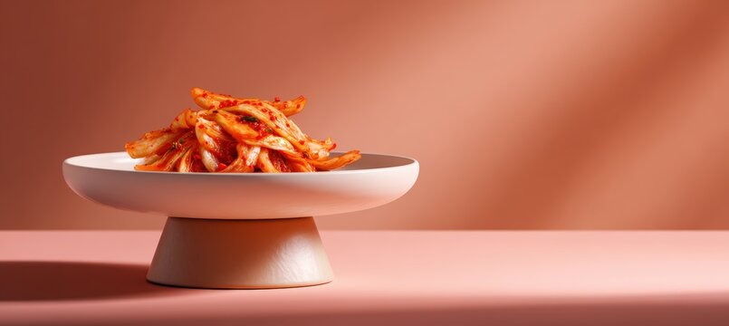 Long horizontal hero kimchi plated on pedestal - like plate with delicate shadows and huge unclutter