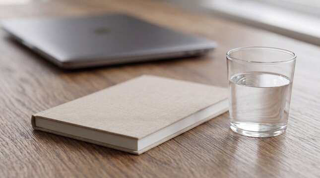 Minimal desk detail with notebook glass of water and laptop