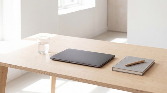 Bright minimal workspace with closed laptop notebook and water
