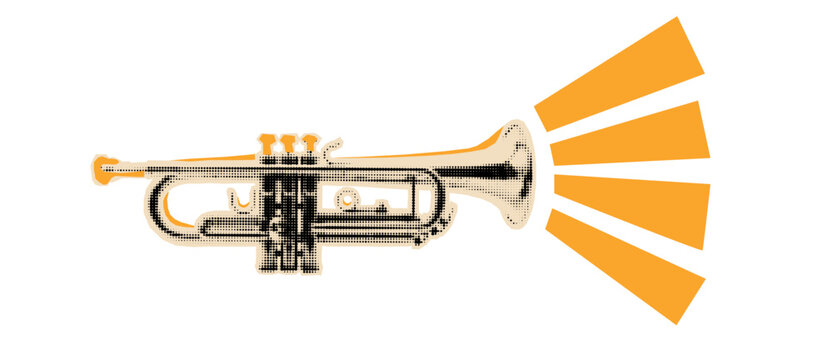 Trumpet halftone collage element. Pop art brass instrument cutout.