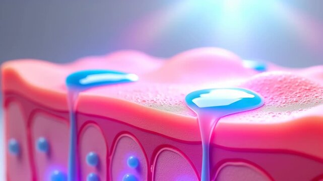 Skin layer hydration animation - cross-section view. Epidermis model with water droplets. Glowing CGI rendering on gradient background. Cosmetology, skin care science. Concept of moisture and