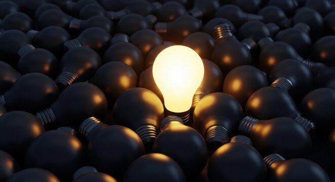 glowing lightbulb among dark ones, representing creative idea and inspiration, innovation, business, solution, creative, intelligence, leadership, bright, uniqueness, vision, energy