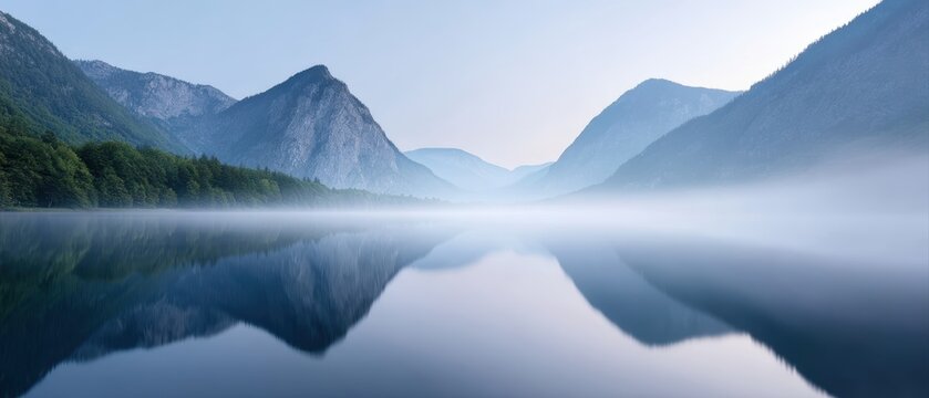 Misty mountain landscape reflected in calm lake at sunrise, serene nature composition
