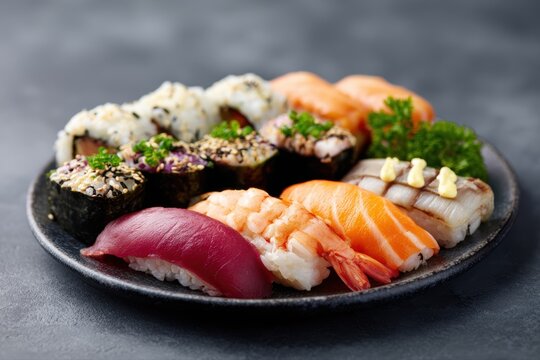 Assorted sushi platter with nigiri and maki rolls, clean food composition