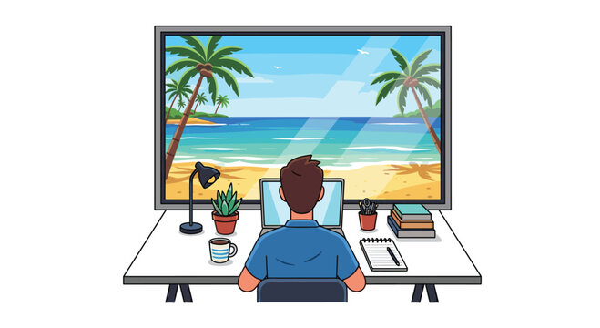 Remote worker sitting at a desk facing a large screen with a vibrant tropical beach landscape while working in a bright office environment during the daylight hours.