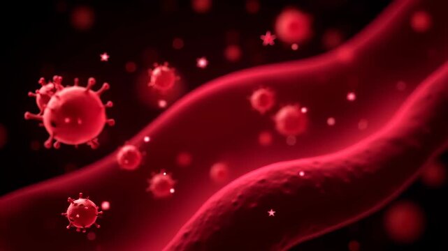 Viruses infecting red blood cells. Microscopic view of pathogens. Red hue in cellular environment. Immunology, viral infection process. Concept of defense and pathogen spread.
