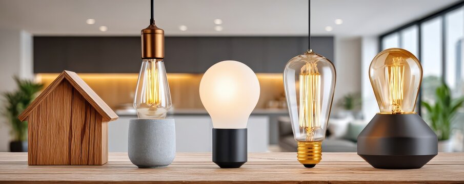 Wooden house model and various light bulbs on table symbolizing home energy ideas and design