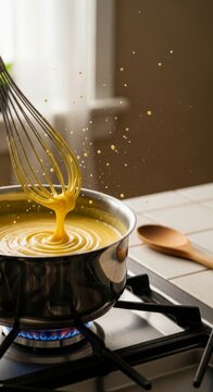 Whisking smooth custard in a pot on a gas stove, creating culinary magic with vibrant texture and motion