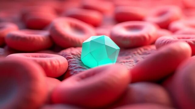 3D blood cells cluster with gemstone. Red blood cells with central green crystal. High-quality CGI rendering on vibrant background. Hematology, cellular biology. Concept of health and purity.
