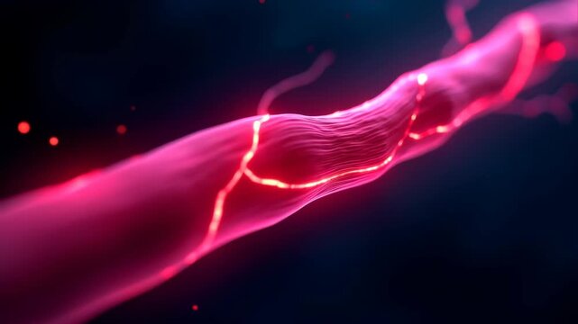 Glowing pink lines flow across dark space. Ethereal particles shimmer in the breeze. Futuristic abstract motion background. Presentation intro, title sequence. Concept of energy and fluidity.