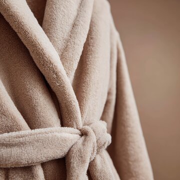 Blank robe belt tied at waist, cozy homewear detail shot, soft indoor lighting