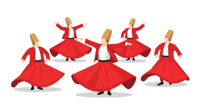Five male dervish dancers wearing traditional tall tan hats and matching vibrant red spinning robes perform a rhythmic motion on a clean white background studio.