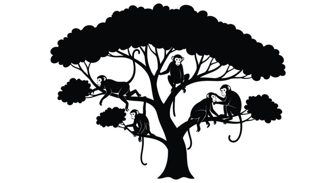 A group of monkeys resting in a tree black silhouette high quality professional detailed modern elegant stylish clean crisp vibrant colorful