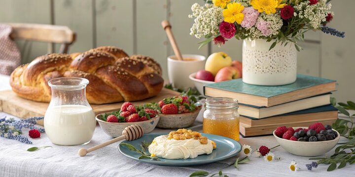 Shavuot festive breakfast table with challah flowers dairy and berries home celebration