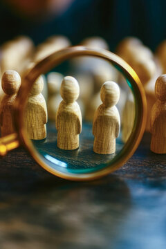 A close-up shot of a magnifying glass examining a group of wooden people vertical frame