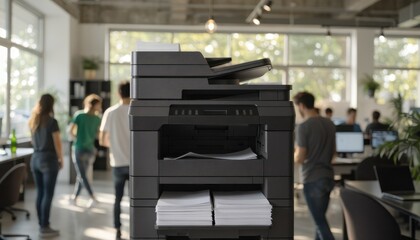 Fototapeta premium Medium shot highlighting a leased multifunction printer in a startup bullpen
