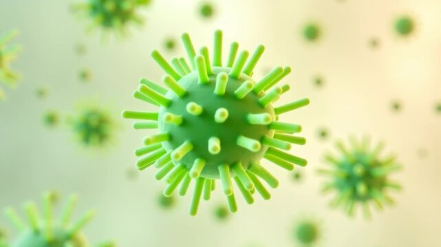 3D virus particles floating. Microscopic pathogens model with spikes. Futuristic CGI rendering on soft background. Virology, viral infection study. Concept of disease spread and immunity.