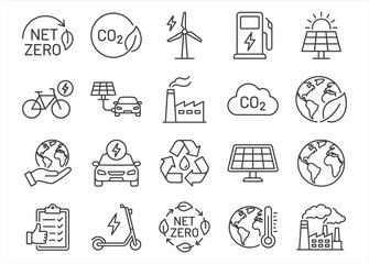 Net zero carbon emission and climate change line icon set CO2 sustainability renewable energy outline vector © Minara