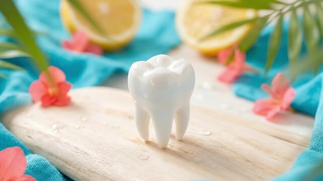 White tooth model surrounded by lemon slices pink flowers and green leaves on wooden board. Natural dental hygiene and oral care concept. Fresh breath teeth whitening and healthy smile inspiration