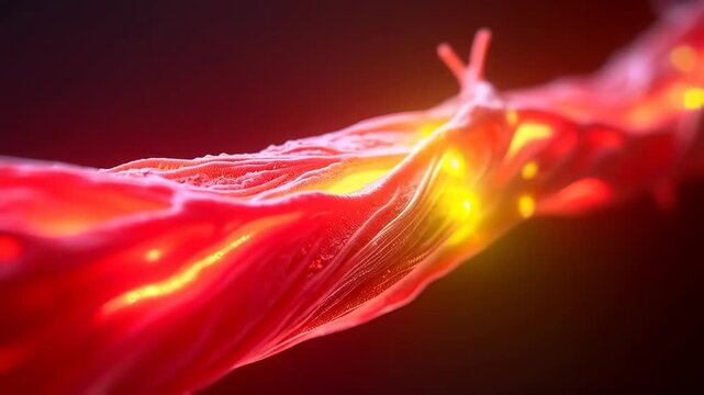 3D muscle fibers glowing - muscular anatomy. Detailed myofibril model contracting. High-definition CGI on dark background. Orthopedics, skeletal system. Concept of strength and movement.