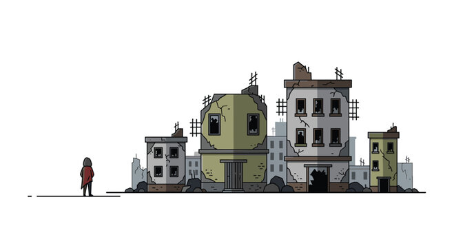 A solitary figure wearing a red cloak stands before a cluster of crumbling, dilapidated buildings in a post-apocalyptic urban setting with a flat, muted color palette.