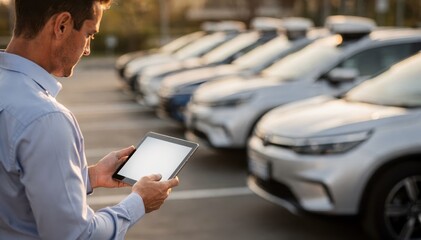 Naklejka premium Softfocus edges highlight a fleet manager interacting with a tablet beside a lineup of autonomous vehicles emphasizing control in subscription leasing programs.
