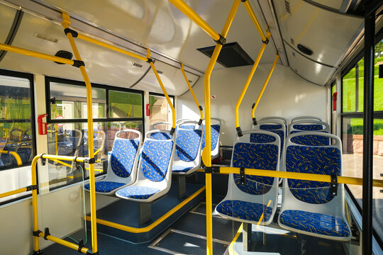 Empty City Bus Interior with Blue Seats