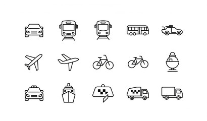 Vehicle and transportation line icon set vector with car bus train airplane and travel symbols © EFADUL