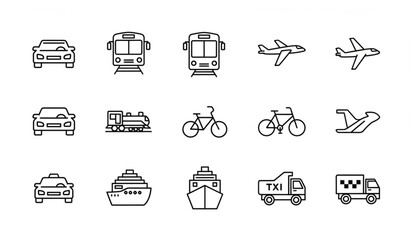Vehicle and transportation line icon set vector with car bus train airplane and travel symbols © EFADUL