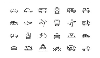 Vehicle and transportation line icon set vector with car bus train airplane and travel symbols © EFADUL