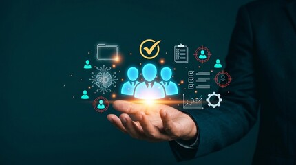 Fototapeta premium Artificial Intelligence in Human Resources and Team Building Concept. Leader Hand Presenting HR Management Icons. Workforce Optimization, Staffing and Business Leadership Solutions.