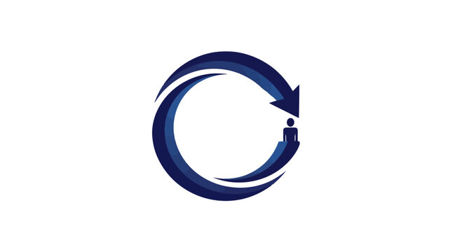 A blue circular arrow logo symbol.