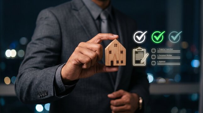 Businessman holding wooden house model with digital property inspection checklist icons. Real estate insurance, smart home technology, mortgage approval process and housing market concept.