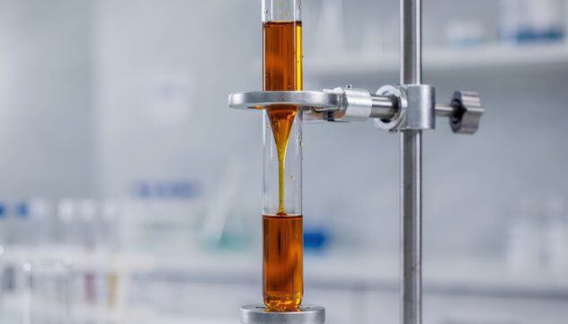 Medium shot of glass capillary viscometer analyzing oil flow dynamics with precise liquid movement under controlled laboratory conditions.