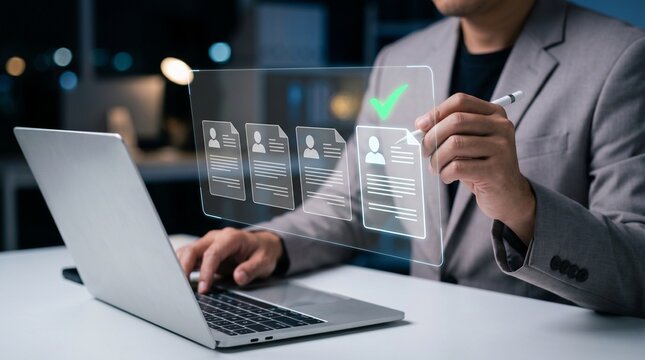 Human resources manager reviewing digital resume profiles on laptop screen. Recruitment process, online job application, hiring technology, talent acquisition and employee headhunting concept.