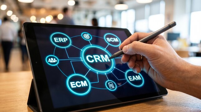 CRM system management on digital tablet in modern office. Businessman using stylus to organize customer relationship management, ERP, and business intelligence software platform.