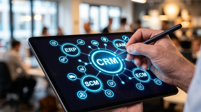 Business Management Software Ecosystem on Tablet Screen. CRM, ERP, SCM and EAM Integration Concept. Digital Transformation, Enterprise Automation and Workflow Optimization.