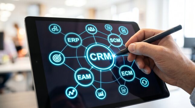 Digital CRM system management on tablet screen with ERP and SCM icons. Modern business automation technology for customer relationship and enterprise resource planning.