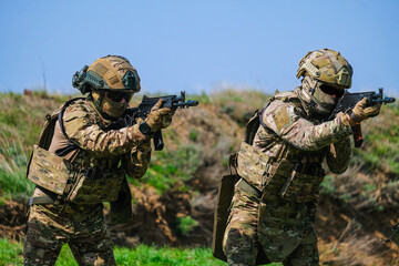 Fototapeta premium Modern Russian soldiers during training at the training ground