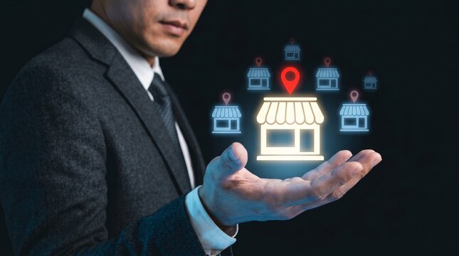 Franchise business growth and retail expansion concept. Businessman hand holding store icon with multiple location markers. Branch marketing, chain shop management and distribution strategy.