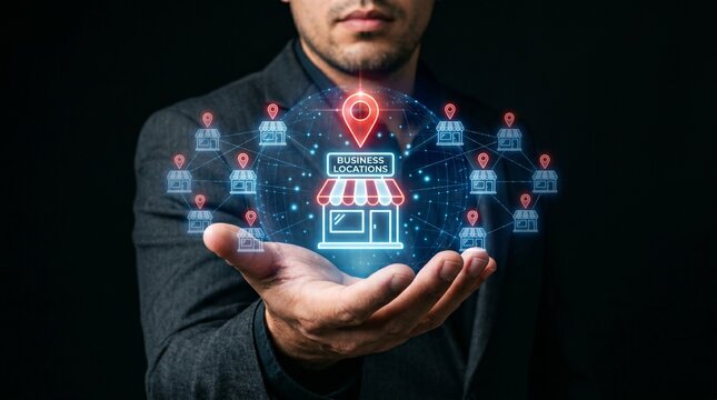 Hand holding virtual map interface with business locations and shop icons. Franchise expansion, retail network growth, global chain marketing and local store positioning strategy concept.