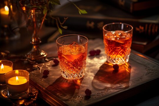 Two amber cocktails reflecting warm candlelight on a vintage tray in a cozy library