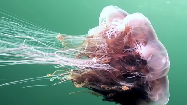Observe Cyanea capillata, one of the largest jellyfish species, gracefully drift through the frigid Arctic waters. Its bell pulsates as it navigates the cold, deep sea environment.