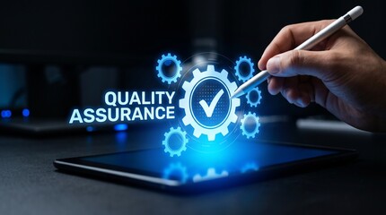 Fototapeta premium Quality assurance and standards compliance in business software. Auditor using digital tablet for certification process, quality control, guarantee, and ISO management systems.