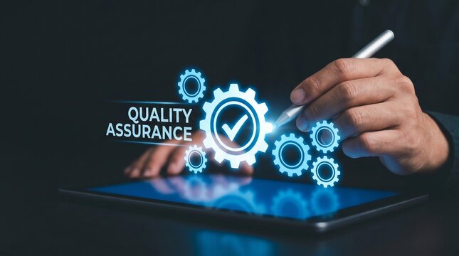 Hand using stylus on tablet with quality assurance gear interface. Digital QA software testing, business process optimization, technical compliance and industrial standard control.